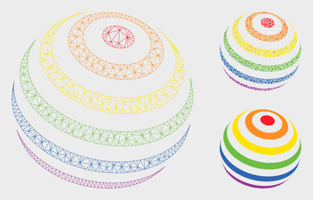 Mesh LGBT color stripes abstract sphere model with triangle mosaic icon. Wire frame triangular mesh of LGBT color stripes abstract sphere. Vector mosaic of triangle parts in variable sizes,のイラスト素材