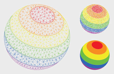 Mesh LGBT color stripes sphere model with triangle mosaic icon. Wire carcass polygonal network of LGBT color stripes sphere. Vector mosaic of triangle parts in different sizes, and color tones.のイラスト素材