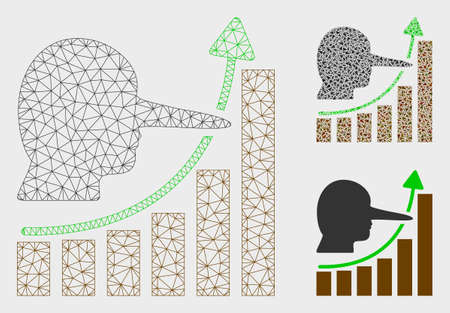 Mesh lier hyip chart model with triangle mosaic icon. Wire carcass triangular mesh of lier hyip chart. Vector collage of triangle elements in various sizes, and color tones.のイラスト素材