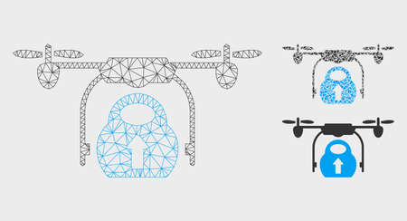 Mesh load cargo drone model with triangle mosaic icon. Wire frame polygonal mesh of load cargo drone. Vector mosaic of triangle parts in different sizes, and color tinges.のイラスト素材
