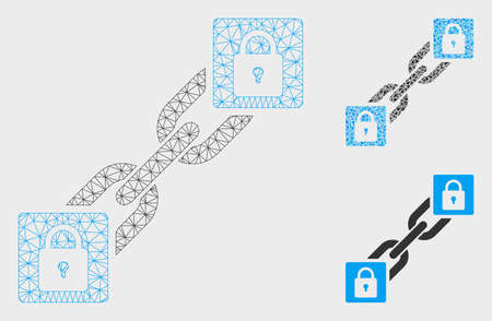 Mesh lock blockchain model with triangle mosaic icon. Wire frame polygonal mesh of lock blockchain. Vector mosaic of triangle elements in variable sizes, and color hues.のイラスト素材