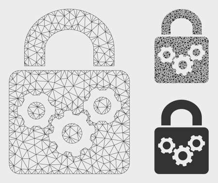 Mesh lock gears model with triangle mosaic icon. Wire frame polygonal mesh of lock gears. Vector mosaic of triangle parts in various sizes, and color tinges. Abstract 2d mesh lock gears,のイラスト素材