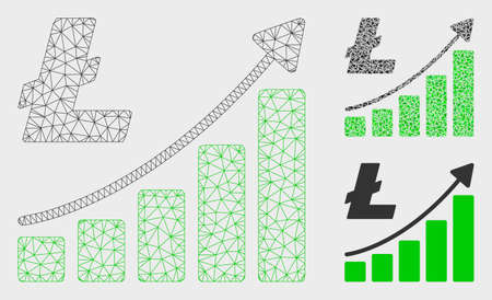 Mesh Litecoin growth trend model with triangle mosaic icon. Wire carcass polygonal mesh of Litecoin growth trend. Vector mosaic of triangles in various sizes, and color hues.のイラスト素材