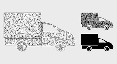 Mesh lorry model with triangle mosaic icon. Wire carcass polygonal network of lorry. Vector mosaic of triangle elements in various sizes, and color tinges. Abstract flat mesh lorry,のイラスト素材