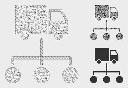 Mesh lorry distribution scheme model with triangle mosaic icon. Wire carcass triangular mesh of lorry distribution scheme. Vector collage of triangle parts in variable sizes, and color tinges.のイラスト素材
