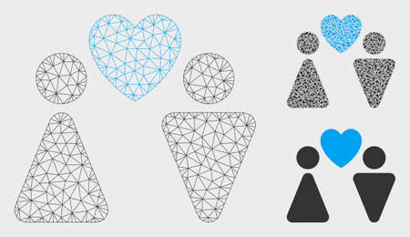 Mesh love couple model with triangle mosaic icon. Wire frame polygonal mesh of love couple. Vector composition of triangle elements in different sizes, and color tinges. Abstract 2d mesh love couple,のイラスト素材