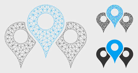 Mesh locations model with triangle mosaic icon. Wire carcass triangular network of locations. Vector mosaic of triangle elements in different sizes, and color hues. Abstract 2d mesh locations,のイラスト素材