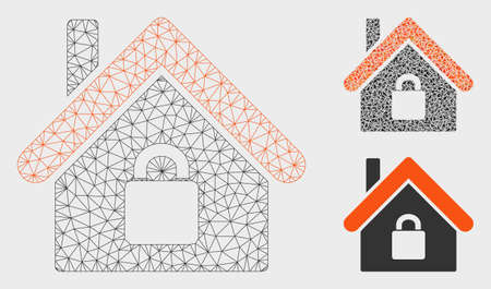 Mesh locked apartment model with triangle mosaic icon. Wire frame polygonal mesh of locked apartment. Vector collage of triangle parts in different sizes, and color hues.のイラスト素材