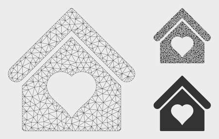 Mesh love house model with triangle mosaic icon. Wire carcass triangular mesh of love house. Vector mosaic of triangle elements in variable sizes, and color tinges. Abstract flat mesh love house,のイラスト素材