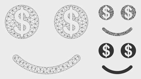 Mesh luck dollar smile model with triangle mosaic icon. Wire frame polygonal mesh of luck dollar smile. Vector mosaic of triangle elements in various sizes, and color shades.のイラスト素材
