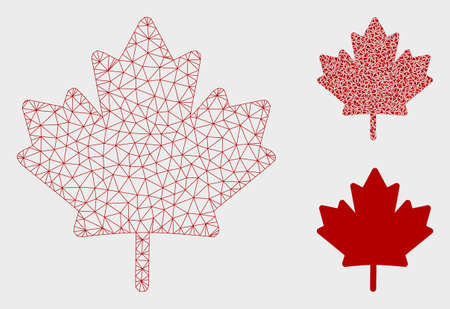 Mesh maple leaf model with triangle mosaic icon. Wire frame triangular mesh of maple leaf. Vector mosaic of triangles in different sizes, and color hues. Abstract 2d mesh maple leaf,のイラスト素材