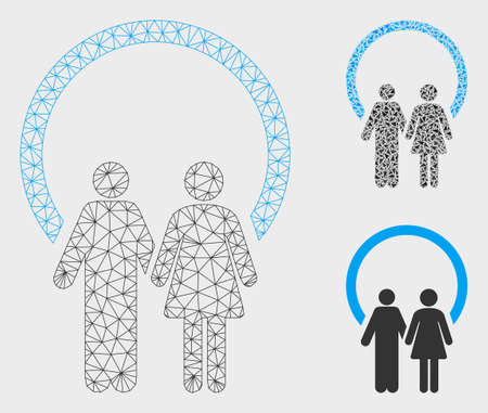 Mesh marriage model with triangle mosaic icon. Wire carcass polygonal mesh of marriage. Vector mosaic of triangle elements in variable sizes, and color hues. Abstract 2d mesh marriage,のイラスト素材