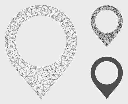 Mesh map marker model with triangle mosaic icon. Wire carcass polygonal network of map marker. Vector mosaic of triangle elements in variable sizes, and color tinges. Abstract 2d mesh map marker,のイラスト素材