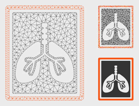 Mesh lungs x-ray photo model with triangle mosaic icon. Wire carcass triangular mesh of lungs x-ray photo. Vector mosaic of triangle parts in variable sizes, and color shades.のイラスト素材