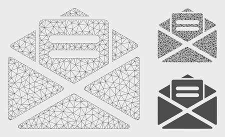 Mesh open mail model with triangle mosaic icon. Wire frame triangular mesh of open mail. Vector mosaic of triangle parts in variable sizes, and color tones. Abstract 2d mesh open mail,のイラスト素材