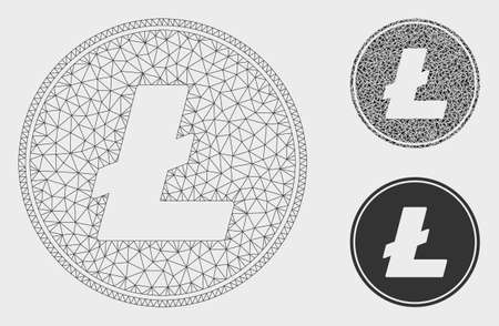 Mesh Litecoin coin model with triangle mosaic icon. Wire carcass triangular network of Litecoin coin. Vector mosaic of triangle parts in different sizes, and color tinges.のイラスト素材
