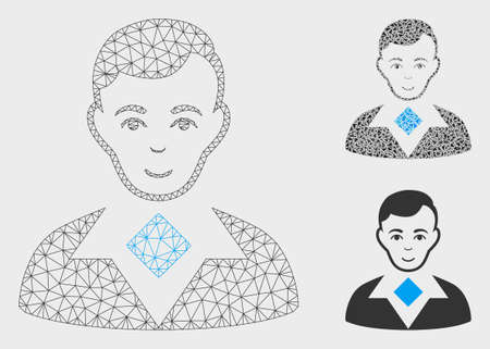 Mesh man model with triangle mosaic icon. Wire carcass triangular mesh of man. Vector composition of triangle parts in different sizes, and color hues. Abstract 2d mesh man,のイラスト素材