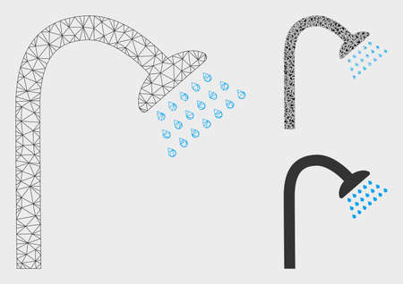 Mesh shower model with triangle mosaic icon. Wire frame triangular mesh of shower. Vector mosaic of triangle parts in different sizes, and color shades. Abstract 2d mesh shower,のイラスト素材