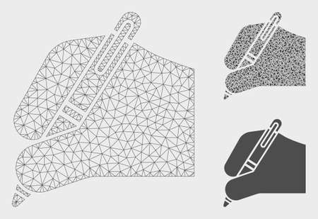Mesh signature model with triangle mosaic icon. Wire frame triangular mesh of signature. Vector mosaic of triangle parts in different sizes, and color tinges. Abstract 2d mesh signature,のイラスト素材
