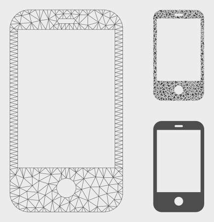 Mesh smart phone model with triangle mosaic icon. Wire frame triangular network of smart phone. Vector mosaic of triangle elements in various sizes, and color tints. Abstract 2d mesh smart phone,のイラスト素材
