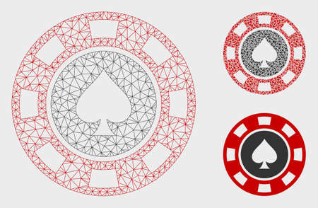 Mesh spades casino chip model with triangle mosaic icon. Wire frame triangular mesh of spades casino chip. Vector mosaic of triangles in variable sizes, and color tones.のイラスト素材