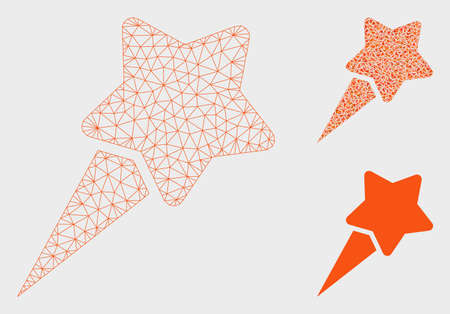 Mesh starting star model with triangle mosaic icon. Wire frame triangular mesh of starting star. Vector collage of triangle parts in various sizes, and color tones. Abstract 2d mesh starting star,のイラスト素材