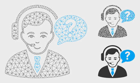 Mesh support manager model with triangle mosaic icon. Wire carcass polygonal mesh of support manager. Vector mosaic of triangles in various sizes, and color hues. Abstract flat mesh support manager,のイラスト素材