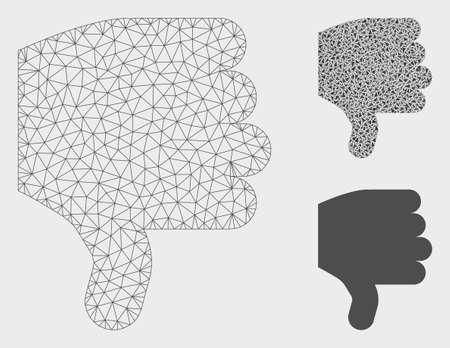 Mesh thumb down model with triangle mosaic icon. Wire frame triangular mesh of thumb down. Vector mosaic of triangle elements in variable sizes, and color tints. Abstract 2d mesh thumb down,のイラスト素材