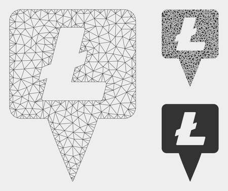 Mesh Litecoin map pointer model with triangle mosaic icon. Wire carcass polygonal mesh of Litecoin map pointer. Vector composition of triangle elements in various sizes, and color shades.のイラスト素材