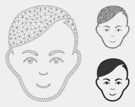 Mesh human head model with triangle mosaic icon. Wire carcass polygonal network of human head. Vector mosaic of triangle elements in variable sizes, and color shades. Abstract 2d mesh human head,のイラスト素材