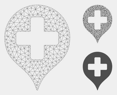 Mesh hospital cross map marker model with triangle mosaic icon. Wire carcass polygonal network of hospital cross map marker. Vector mosaic of triangle elements in different sizes, and color tinges.のイラスト素材