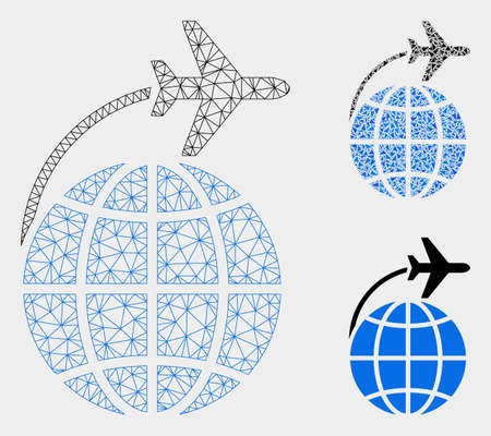 Mesh international flight model with triangle mosaic icon. Wire frame polygonal mesh of international flight. Vector mosaic of triangle parts in variable sizes, and color hues.のイラスト素材