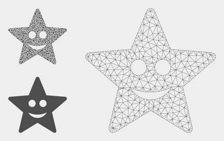 Mesh happy star model with triangle mosaic icon. Wire frame triangular network of happy star. Vector mosaic of triangle parts in various sizes, and color tinges. Abstract 2d mesh happy star,のイラスト素材