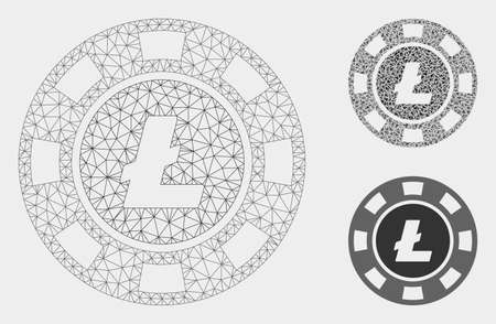 Mesh Litecoin casino chip model with triangle mosaic icon. Wire carcass triangular mesh of Litecoin casino chip. Vector composition of triangle elements in different sizes, and color hues.のイラスト素材