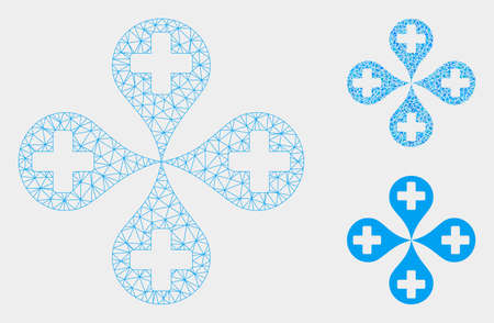 Mesh hospital map markers model with triangle mosaic icon. Wire carcass polygonal mesh of hospital map markers. Vector mosaic of triangle parts in various sizes, and color shades.のイラスト素材