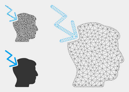 Mesh head electric strike model with triangle mosaic icon. Wire frame polygonal mesh of head electric strike. Vector mosaic of triangle elements in variable sizes, and color tints.のイラスト素材