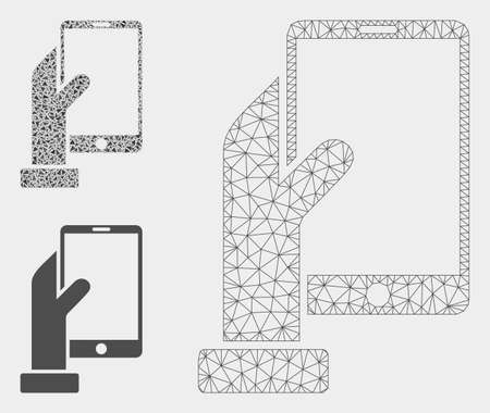 Mesh hand holds smartphone model with triangle mosaic icon. Wire carcass triangular mesh of hand holds smartphone. Vector mosaic of triangles in variable sizes, and color tinges.のイラスト素材