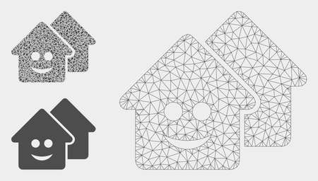 Mesh happy realty model with triangle mosaic icon. Wire carcass polygonal network of happy realty. Vector collage of triangle elements in variable sizes, and color tinges.のイラスト素材