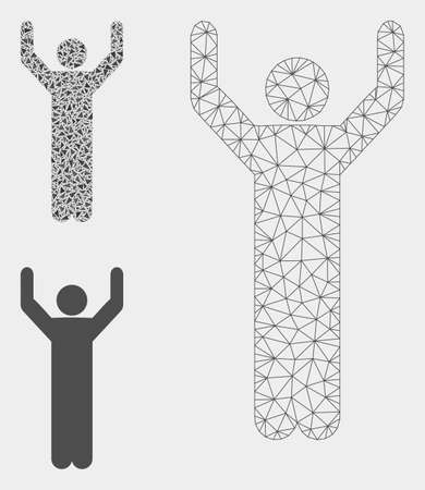 Mesh hands up pose model with triangle mosaic icon. Wire carcass polygonal mesh of hands up pose. Vector collage of triangle elements in different sizes, and color shades.のイラスト素材