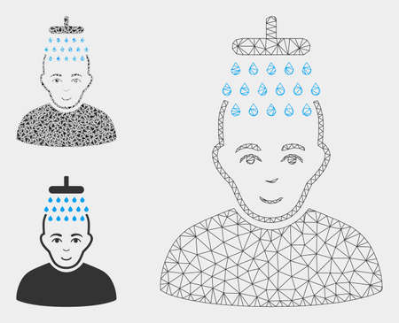 Mesh head shower model with triangle mosaic icon. Wire carcass polygonal network of head shower. Vector mosaic of triangles in various sizes, and color shades. Abstract 2d mesh head shower,のイラスト素材