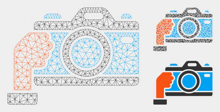 Mesh hold camera model with triangle mosaic icon. Wire carcass polygonal mesh of hold camera. Vector mosaic of triangle elements in various sizes, and color tinges. Abstract flat mesh hold camera,のイラスト素材