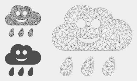 Mesh happy rain cloud model with triangle mosaic icon. Wire carcass triangular mesh of happy rain cloud. Vector collage of triangle elements in variable sizes, and color tints.のイラスト素材