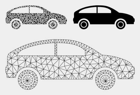 Mesh hatchback model with triangle mosaic icon. Wire frame triangular network of hatchback. Vector mosaic of triangle parts in various sizes, and color hues. Abstract 2d mesh hatchback,のイラスト素材