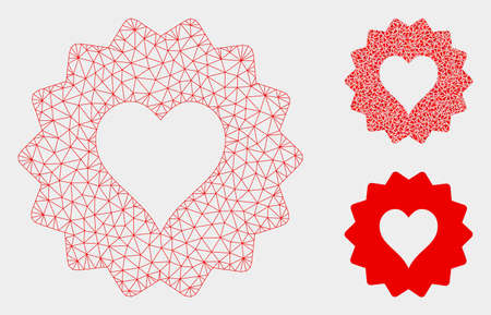 Mesh hearts token model with triangle mosaic icon. Wire frame triangular mesh of hearts token. Vector mosaic of triangle parts in different sizes, and color tints. Abstract 2d mesh hearts token,のイラスト素材