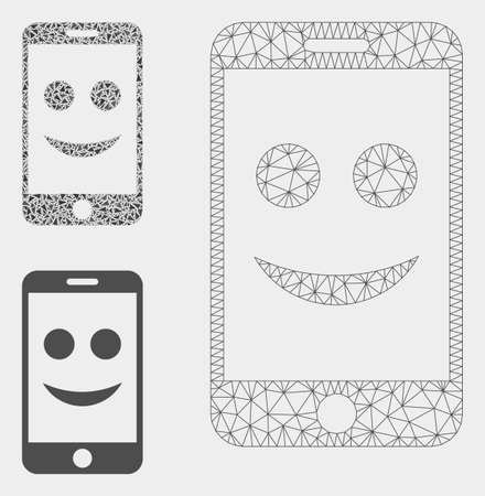 Mesh happy smartphone model with triangle mosaic icon. Wire carcass triangular mesh of happy smartphone. Vector mosaic of triangle parts in variable sizes, and color shades.のイラスト素材