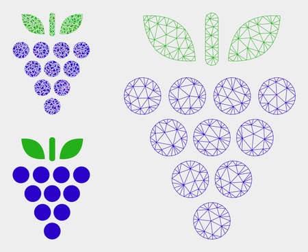 Mesh grapes model with triangle mosaic icon. Wire carcass triangular mesh of grapes. Vector mosaic of triangle elements in different sizes, and color tones. Abstract 2d mesh grapes,のイラスト素材