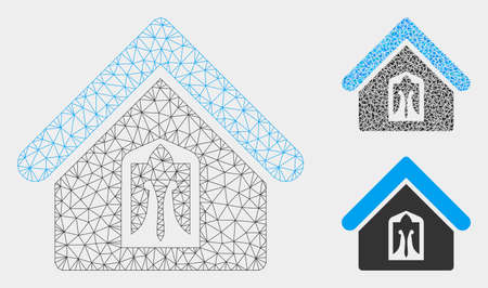 Mesh home model with triangle mosaic icon. Wire frame polygonal network of home. Vector collage of triangles in various sizes, and color hues. Abstract flat mesh home, designed with triangles.のイラスト素材