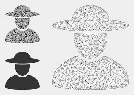 Mesh hat man model with triangle mosaic icon. Wire carcass triangular mesh of hat man. Vector mosaic of triangle parts in various sizes, and color hues. Abstract flat mesh hat man,のイラスト素材