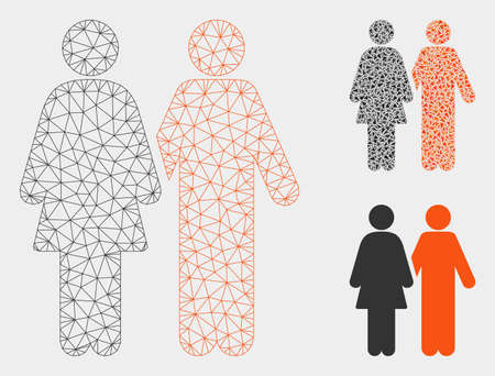 Mesh human couple model with triangle mosaic icon. Wire carcass polygonal mesh of human couple. Vector composition of triangle parts in variable sizes, and color shades. Abstract 2d mesh human couple,のイラスト素材