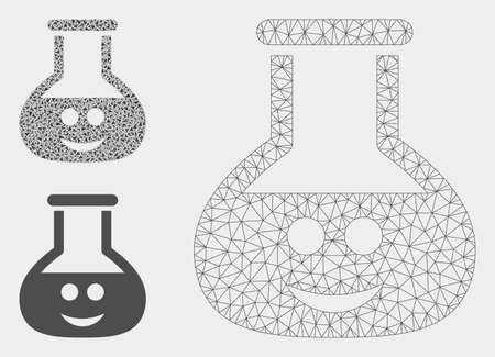 Mesh happy chemistry glass model with triangle mosaic icon. Wire carcass polygonal mesh of happy chemistry glass. Vector mosaic of triangle elements in different sizes, and color tones.のイラスト素材